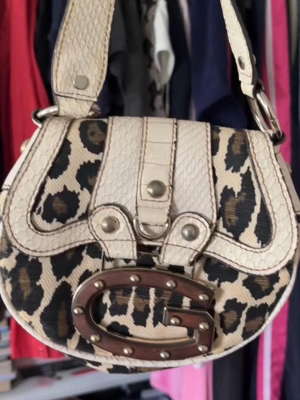 Leopard Print Cream Shoulder Bag with Studded G Accent
